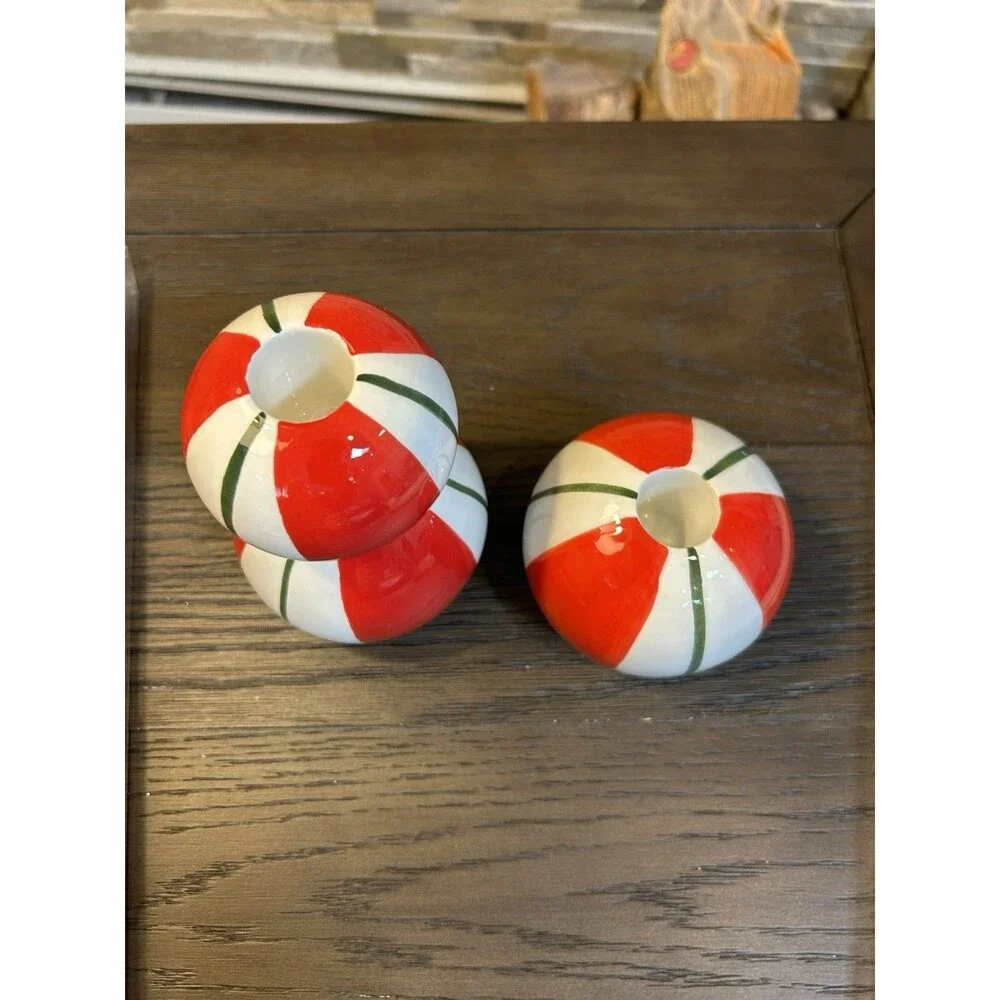 Ashland Ceramic Striped Christmas Taper Candle Holders Red White Green Bundle